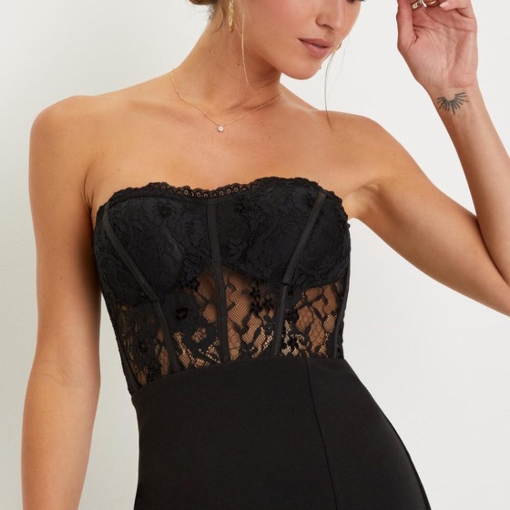 Lulu's Black Strapless Lace Bustier Maxi Dress